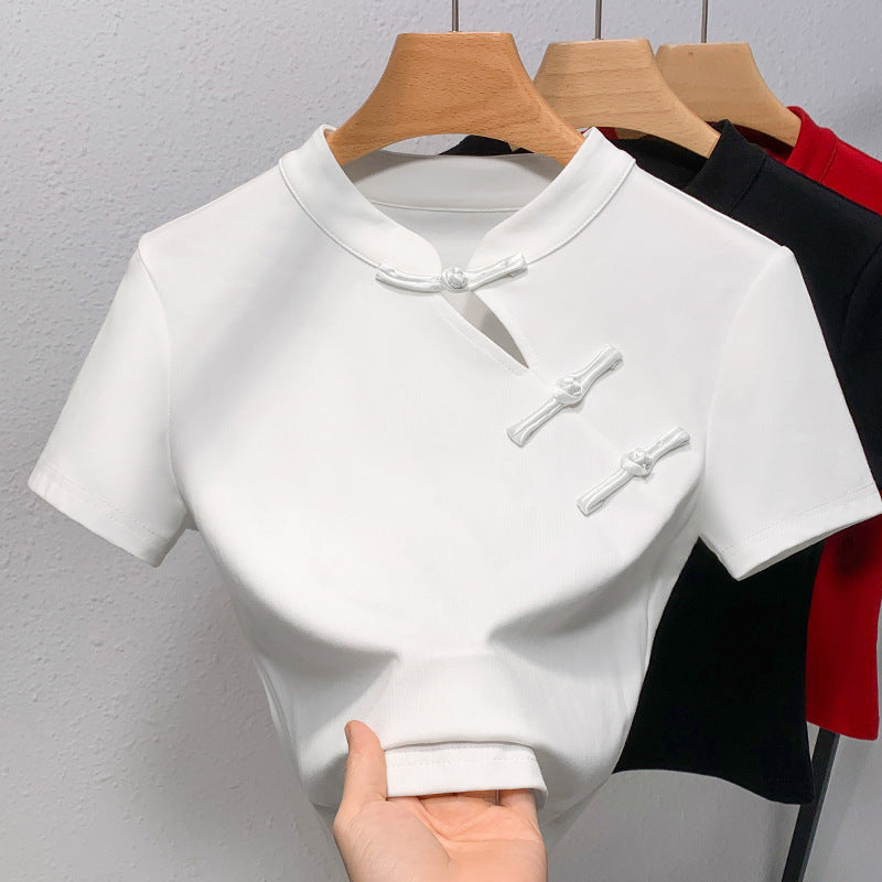 Dame Mode T-shirt med asiatisk krave og dekorative knapdetaljer Stilla
