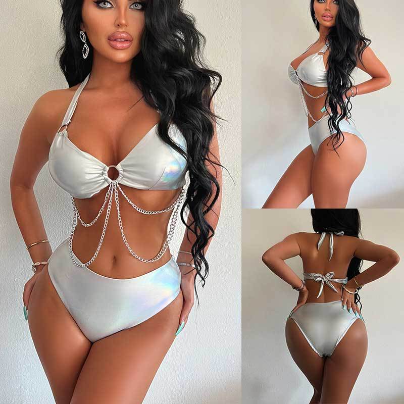 Dame Glinsende Bikini-sæt med innovativt design og elegante kædeaccenter Stilla