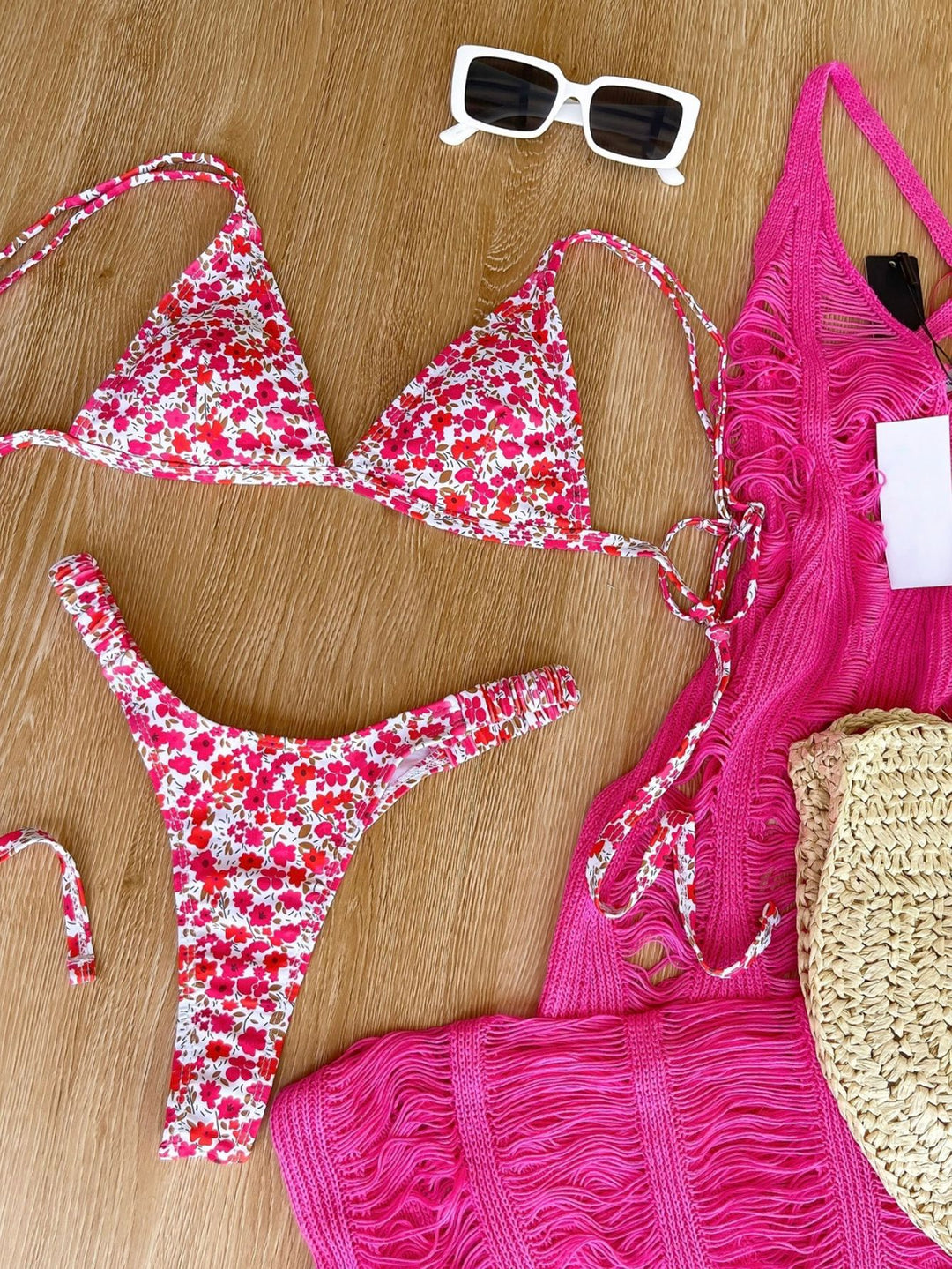 Dame triangel bikini med blomsterdesign og justerbare stropper Skovae