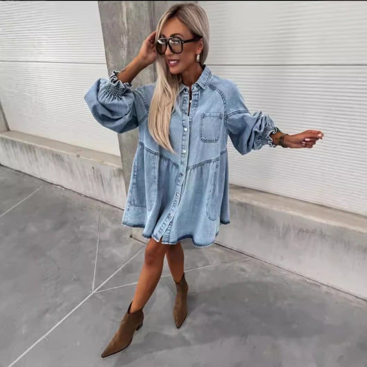 Kvindernes denim skjorte kjole med voluminøse ærmer Stilla