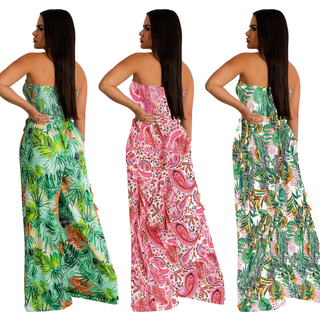 Dame Luftig, mønstret bredbenet jumpsuit med skulderfri design Stilla