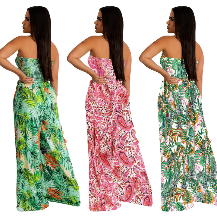 Dame Luftig, mønstret bredbenet jumpsuit med skulderfri design Stilla