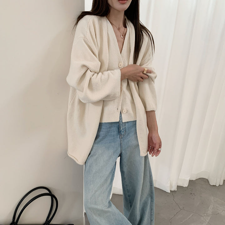 Dame Fashionable Cardigan med Elegant V-Hals og Knaplukning Stilla