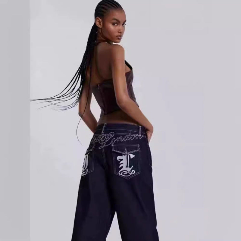 Høj talje løs pasform dame jeans med grafisk broderi Stilla