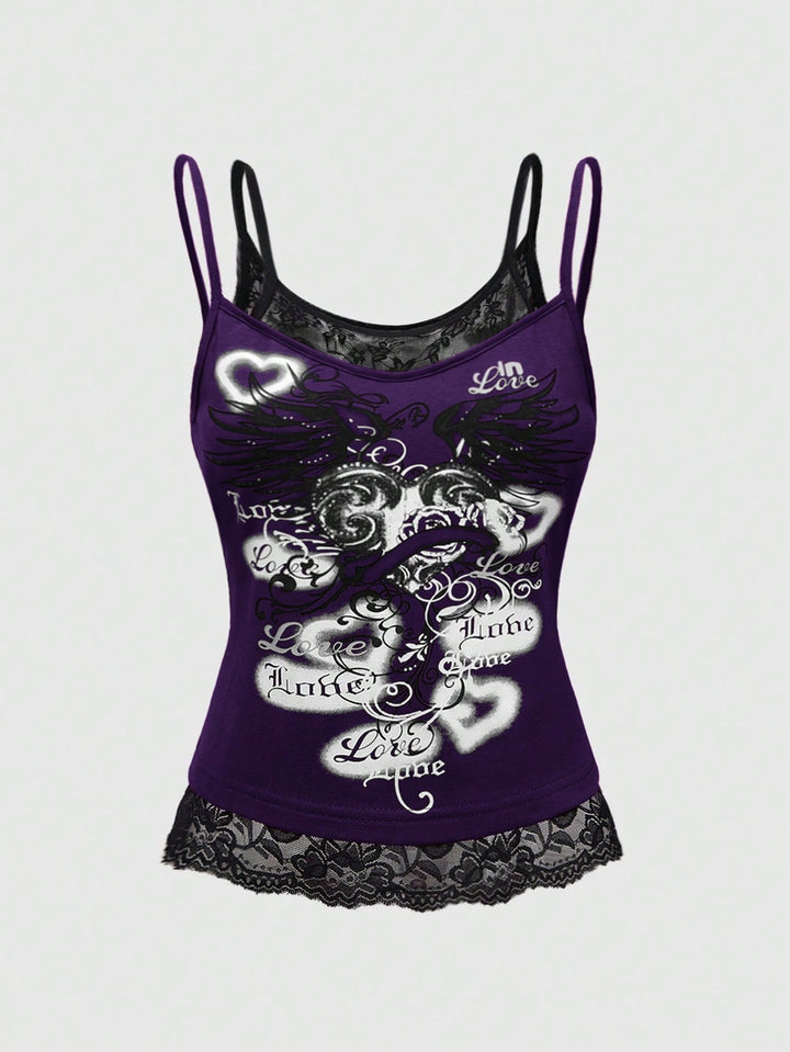 Dame Spids Cami Top med Grafisk Print Skovae