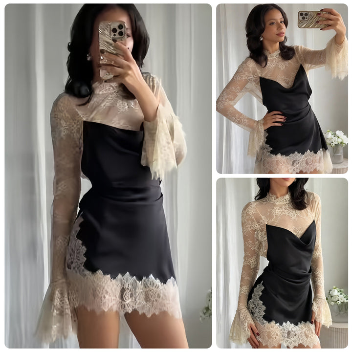 Kvinders chiffon aftenkjole med elegante blonde detaljer og flydende ærmer