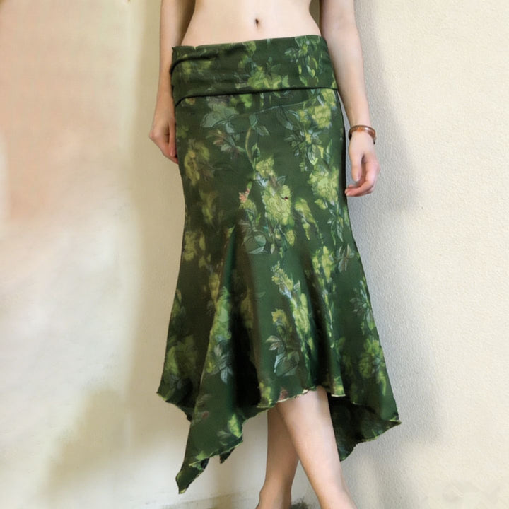 Damen asymmetrischer Maxi-Rock mit floralen Akzenten und elastischem Bund Skovae
