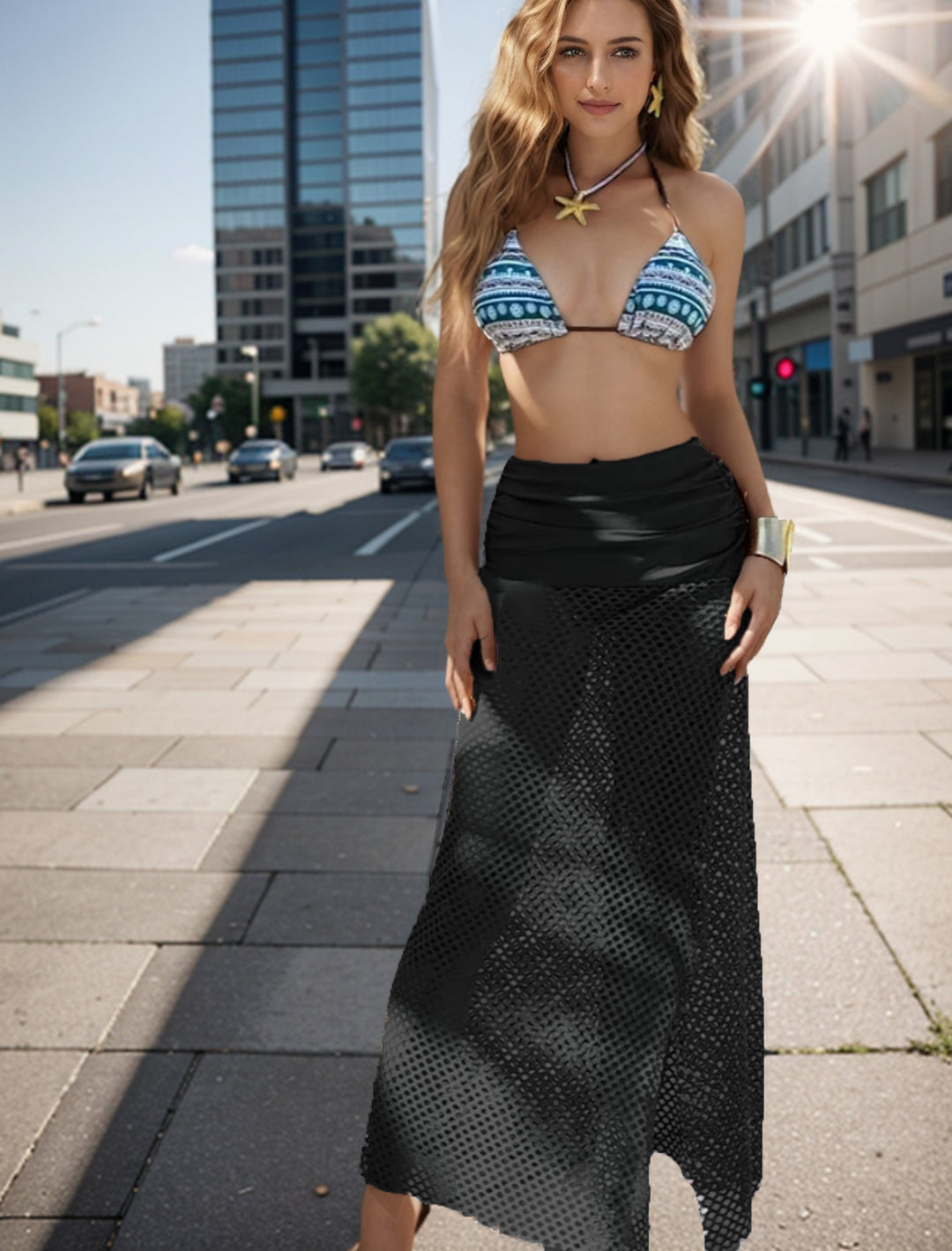 Dame Bikini-sæt med geometrisk tryk og transparent strik-overlap Skovae
