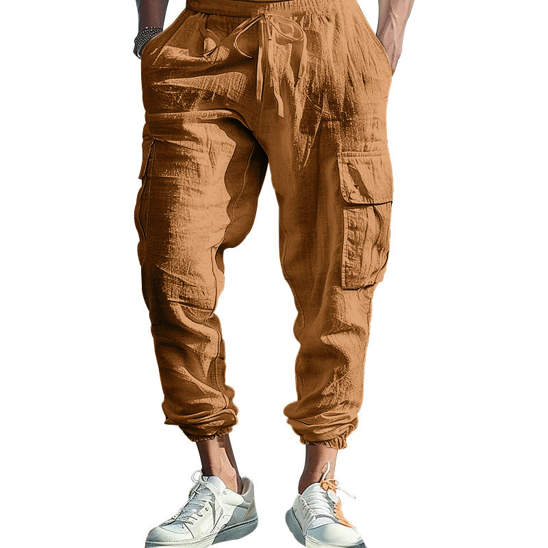 Herren nan afslappede linned cargo joggers med snoretræk, store klaplommer og elastisk ankelafslutning Skovae