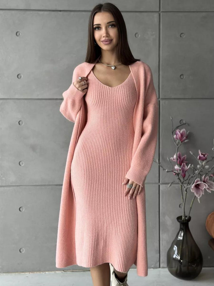Dame ribstrik kjole med lang cardigan Stilla