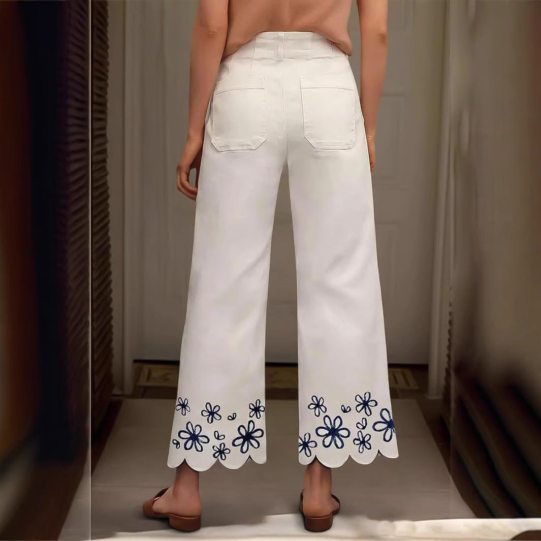 Dame Bred Culotte-Jeans med broderet blomsterdesign Skovae