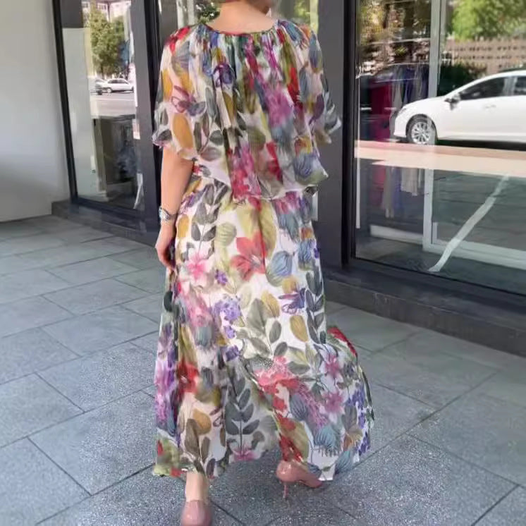 Dame nan luftig chiffon-maxikjole med blomsterprint, draperet rund halsudskæring og elastisk taljebånd Skovae