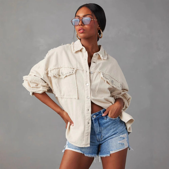 Dame Oversized Denim Skjorte med Frynser og Lommer Stilla