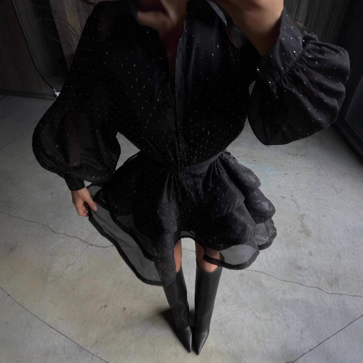 Damer Rynkedress med gennemsigtigt overtøj og puffærmer Stilla