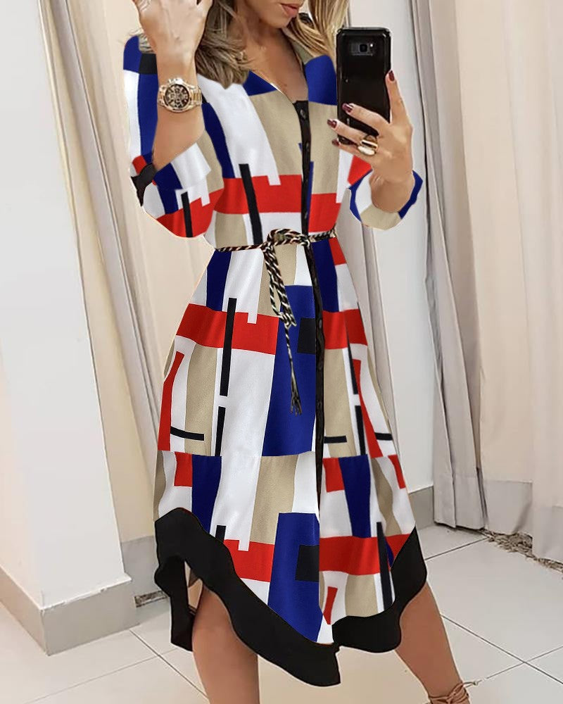 Dame Stribet Button-Up Midi Kjole med Bælte-Detalje Stilla