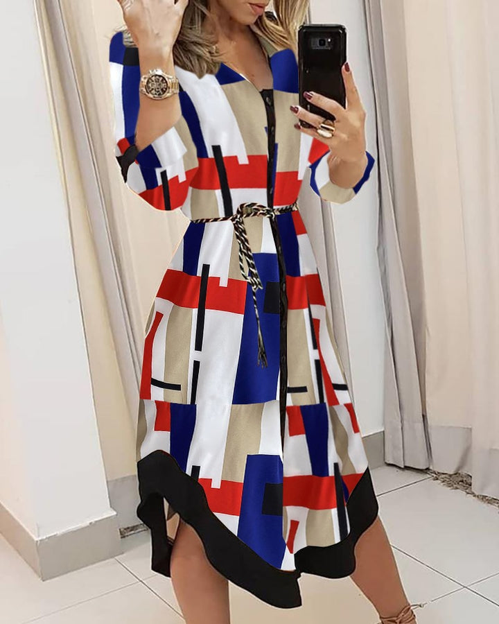 Dame Stribet Button-Up Midi Kjole med Bælte-Detalje Stilla