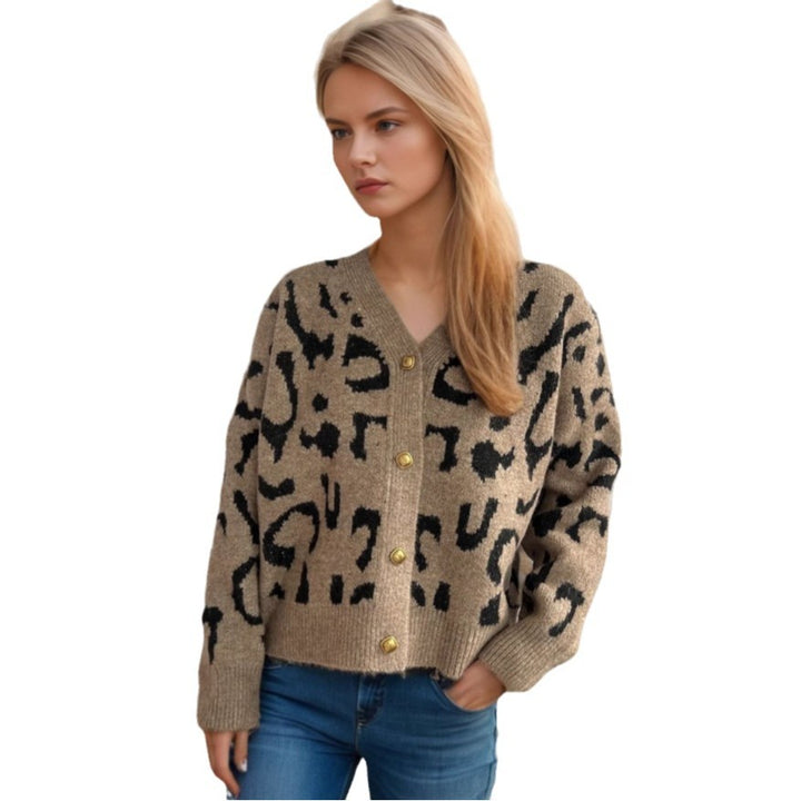 Kvinders fashionable cardigan med dyreprint og guldknapper Stilla