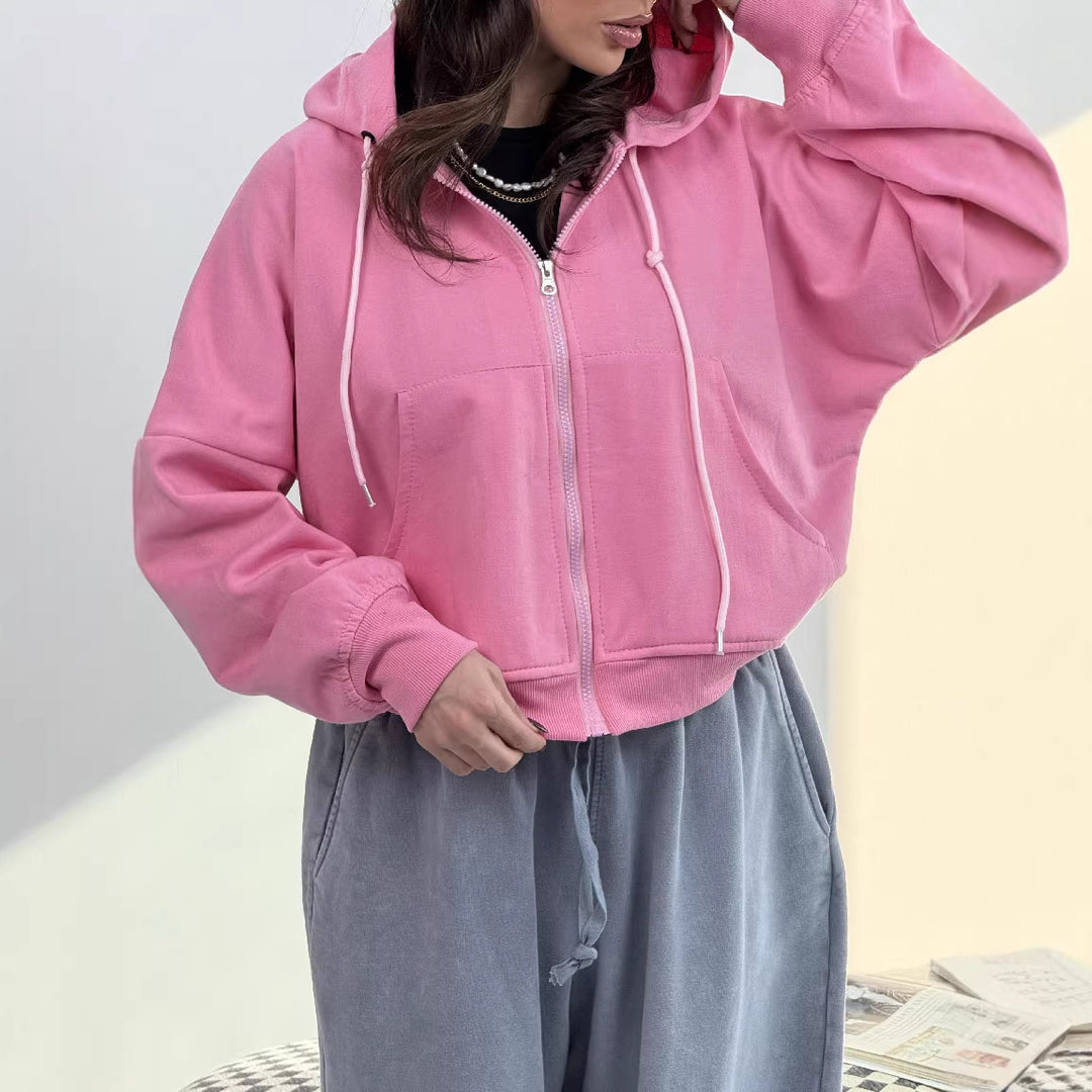 Dame afslappet zip hoodie med brede ærmer og praktiske lommer
