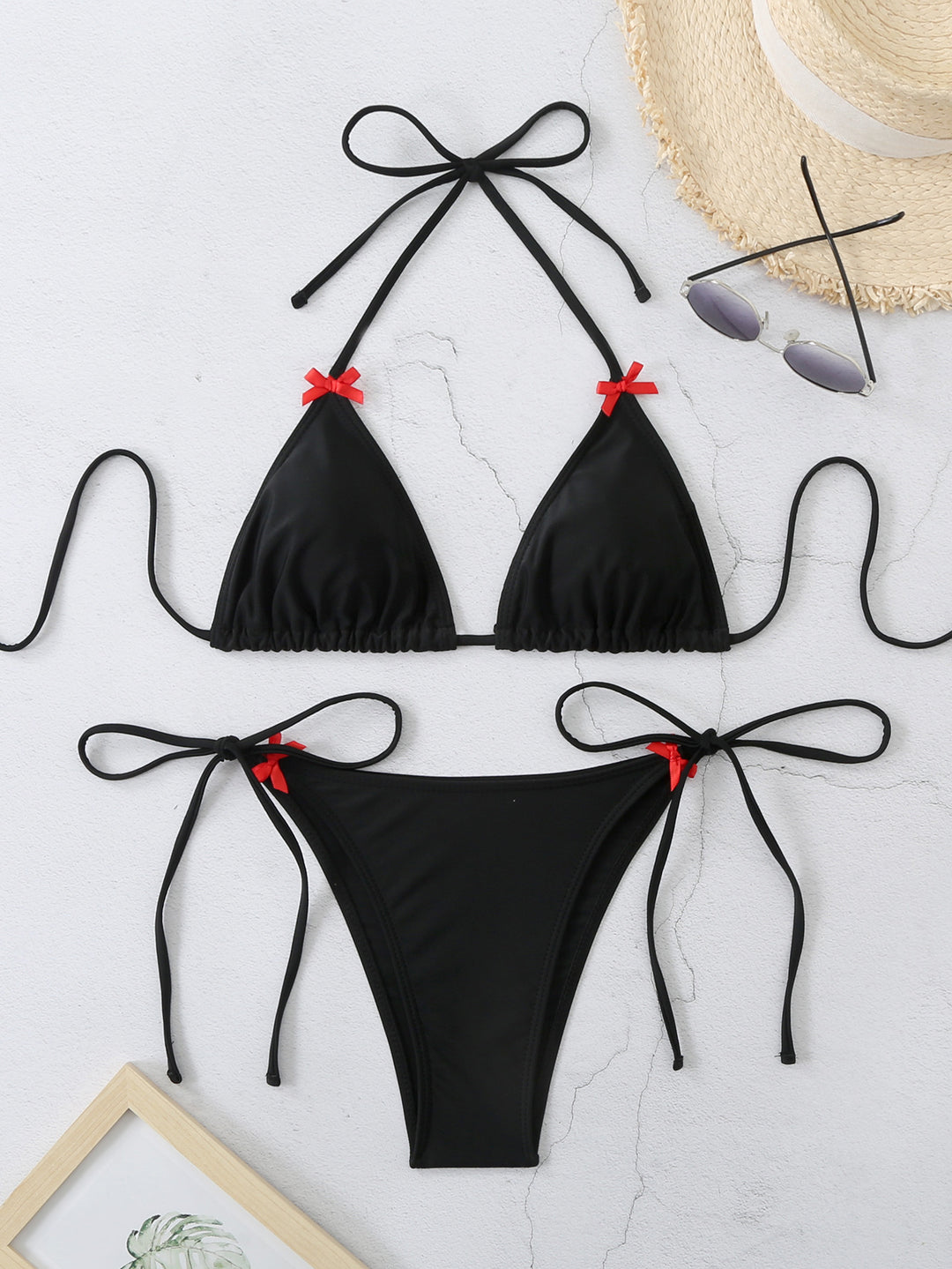 Dame Triangel-Bikini-sæt med justerbare stropper og dekorative sløjfer Skovae