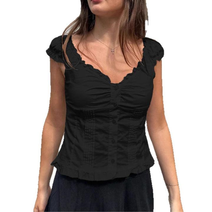 Damebluse med flæser og knaplukning Stilla