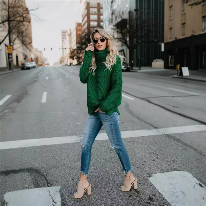 Dame Behagelig Oversized Strikpullover med Høj Krave Stilla