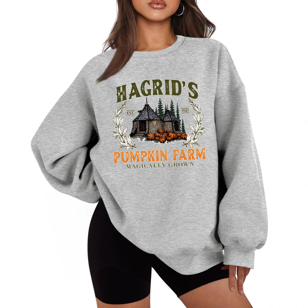 Kvinders sweatshirt med hyggelig rund hals og efterårs græskarmotiv Stilla
