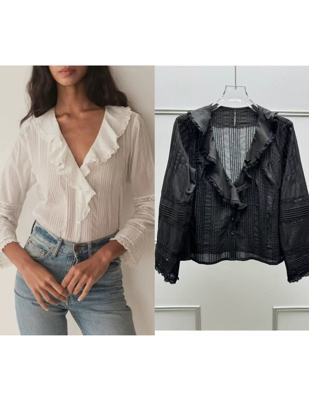 Damebluse med charmerende flæsedetaljer og fine spidse accenter Stilla