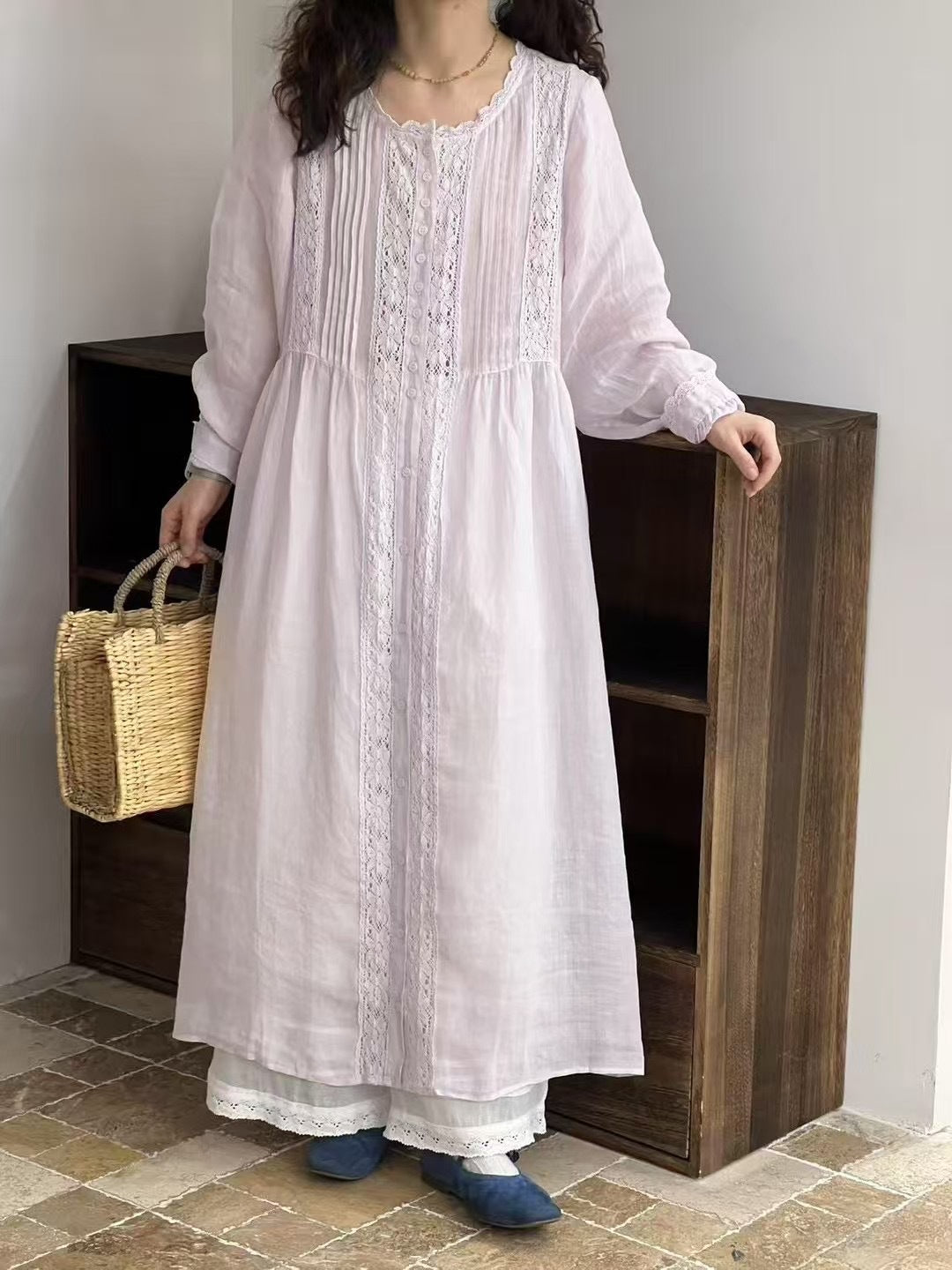 Dame Elegant Langærmet Tunika Kjole med Spids Dekorationer Stilla
