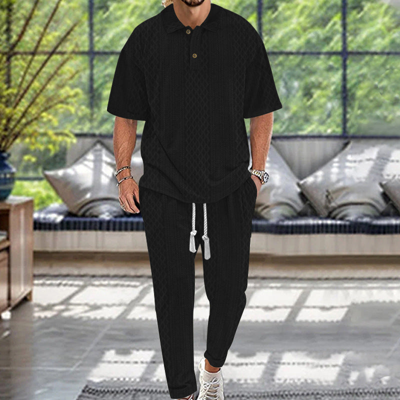 Herrer nan Jacquard-loungewear-sæt med polokrave, snortræk og konisk skåret joggerbukser Skovae