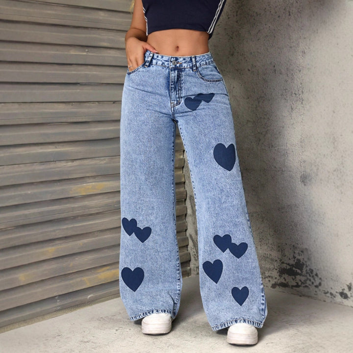 Kvindernes brede jeans med hjerteapplikationer Stilla