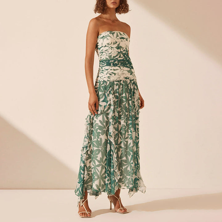 Kvindernes off-shoulder maxi kjole med flæsedetaljer og blomster mønster Skovae