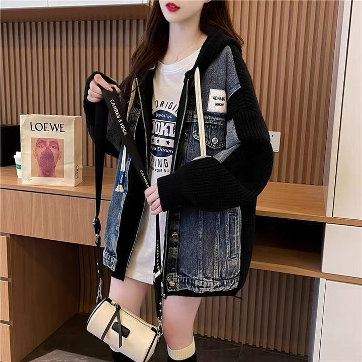 Kvinders oversized denimjakke med strikkelementer Stilla