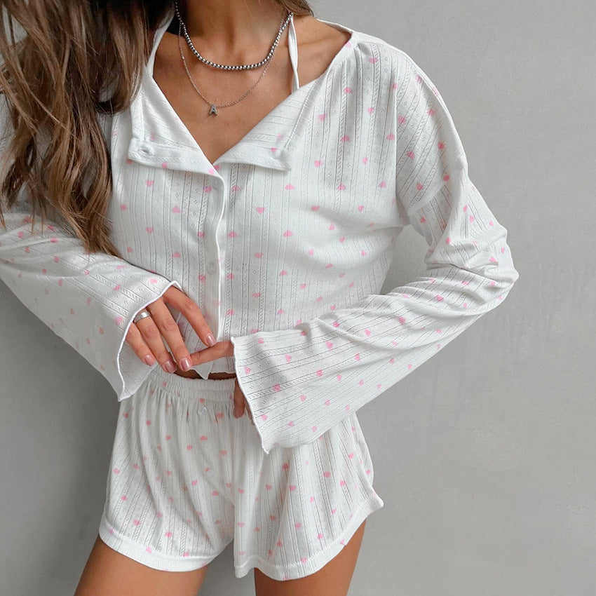 Dame Pyjama sæt med hjerteformet mønster og afslappet kimono overdel Stilla