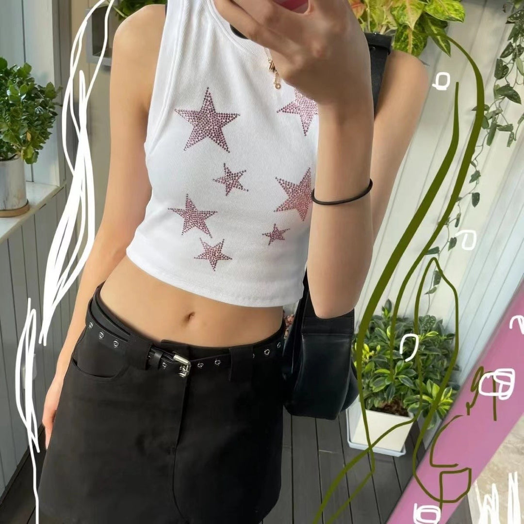 Dame Crop-Top med glitrende stjernemotiv og elastisk skæring Stilla