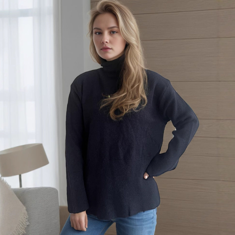 Dame casual sweater med høj krave og praktiske sidelommer Stilla