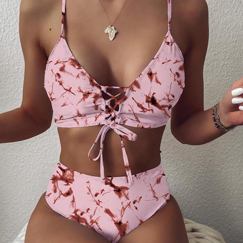 Dame Højtaljet Bikini-sæt med justerbare snøre detaljer Skovae