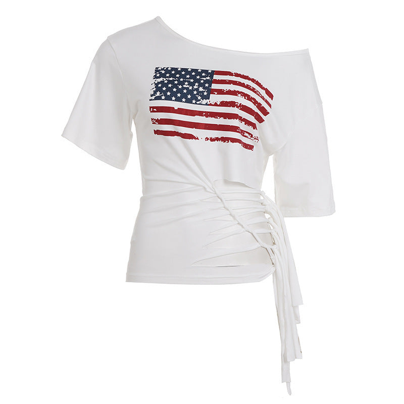 Dame Crop-Top med flagmotiv og raffinerede frynser Skovae