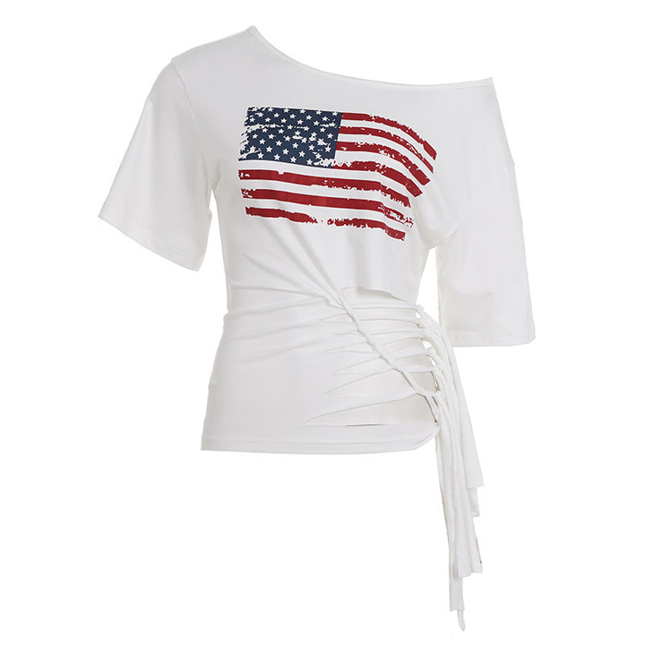 Dame Crop-Top med flagmotiv og raffinerede frynser Skovae