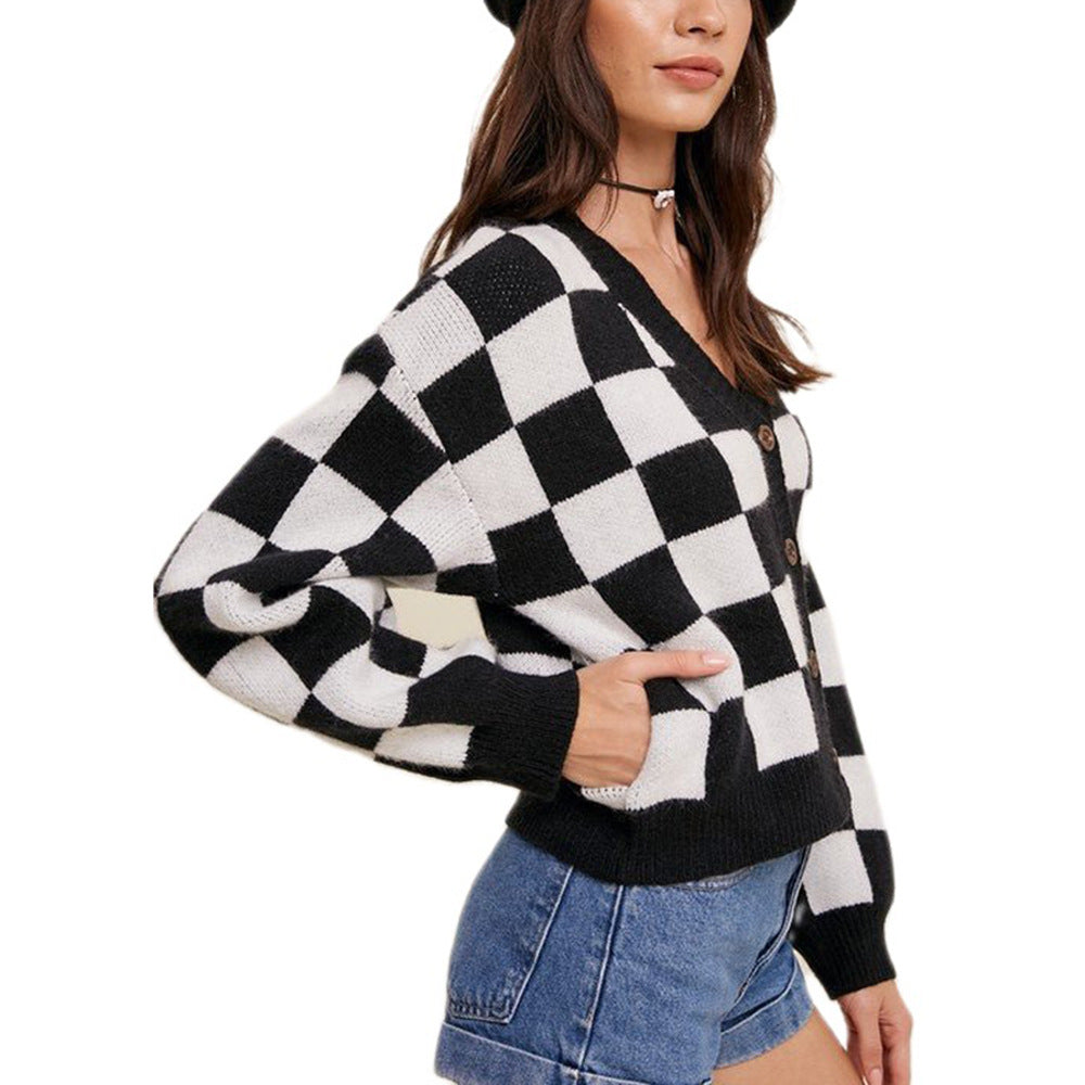 Dame skakbræt-strikjakke Stilla