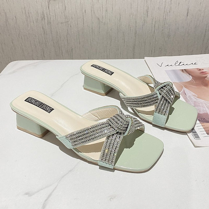 Dame elegante sandaler med strasspynt og komfortabel blokhæl Stilla