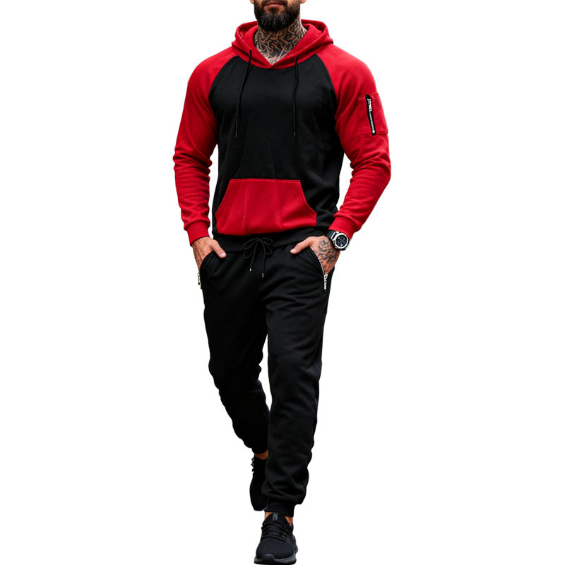 Herrer to-delt hætte-sweatset med raglanærmer, ærme-zip-lomme og tapered joggingbukser Skovae