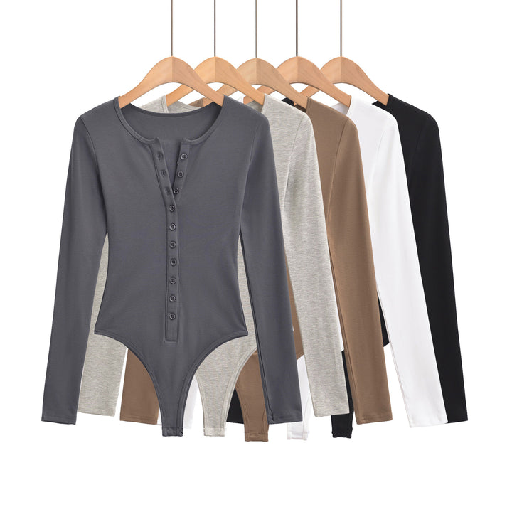 Dame Langærmet Bodysuit med knapliste og elegant rund halsudskæring Stilla