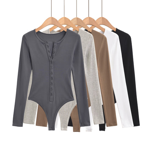 Dame Langærmet Bodysuit med knapliste og elegant rund halsudskæring Stilla