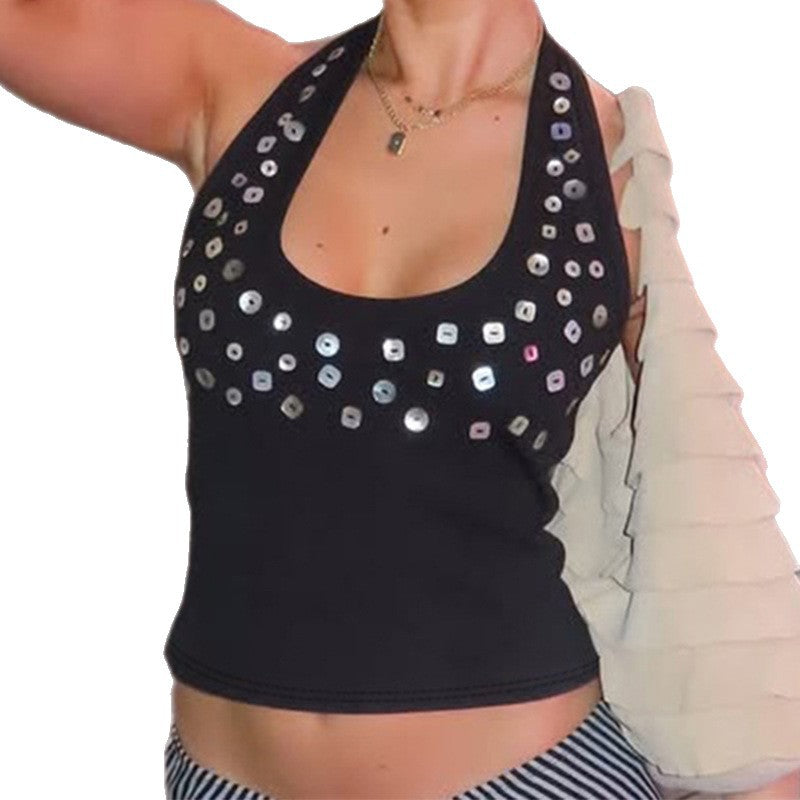 Dame Trendy Tanktop med glitrende Pailletter Skovae