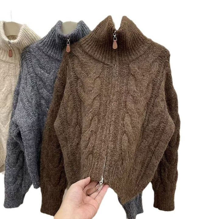 Kvinders chunky strikket sweater med høj krave og dekorativ lynlås Stilla