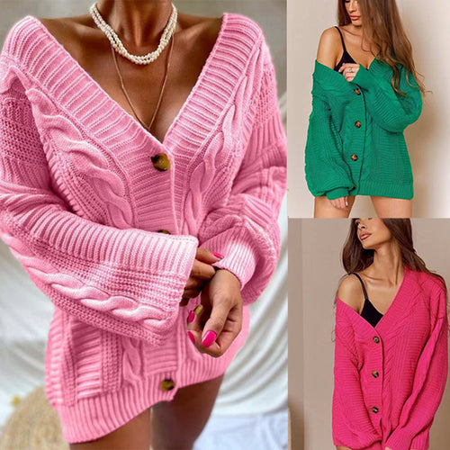 Dame cardigan med dyb V-hals og store knapper Stilla