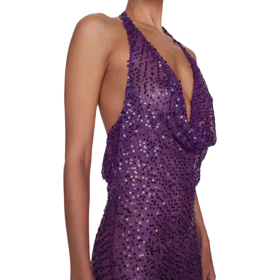Femme Funklende Pailletter-Halter-aftenkjole Stilla