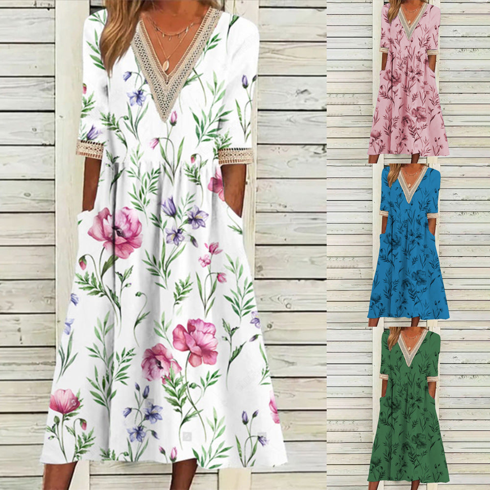 Dame skjortekjole med kunstnerisk blomsterdesign og blondekant Stilla