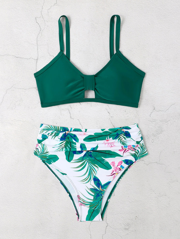 Dame bikini-sæt med blomster-høj talje og moderne knude Skovae