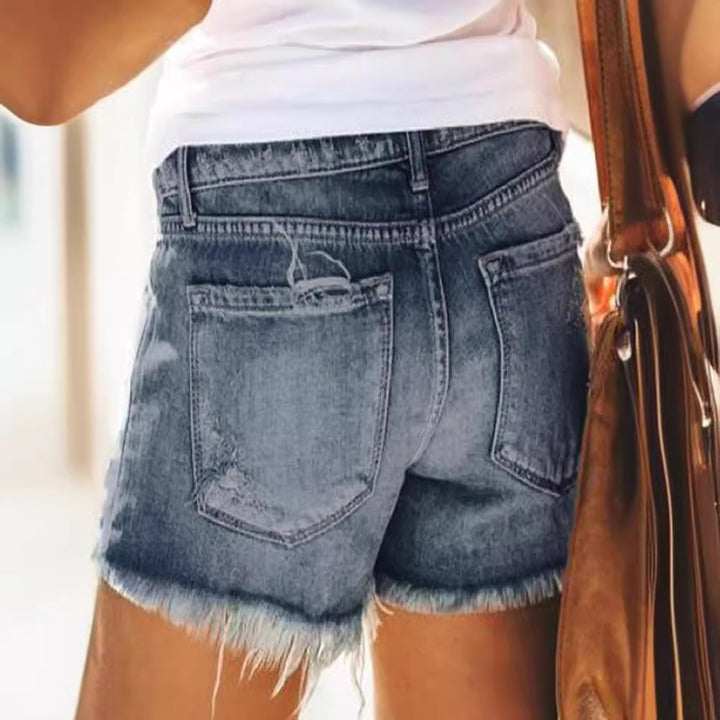 Dame Destroyed Denim Shorts i moderne look med frynser Skovae